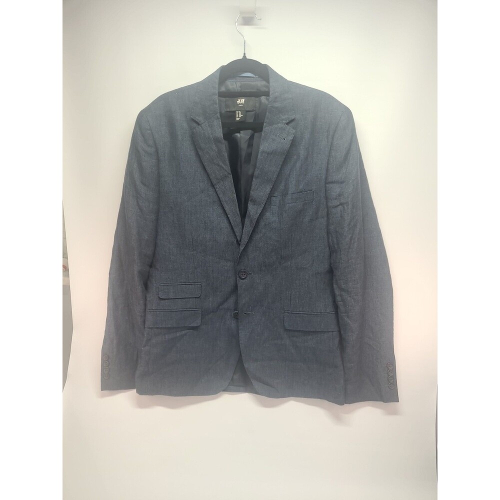 H&M Blazer Mens 42R‎ Indigo Blue 100% Linen Slim Fit Sport Coat 2 Button Jacket